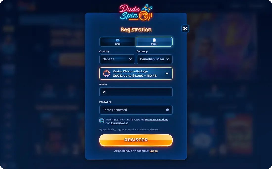 dudespin casino phone registration